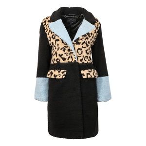 Steve Madden Sherpa Colorblock Leopard Coat